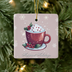 Christmas Cup of Hot Chocolate   Blush Pink Ceramic Ornament