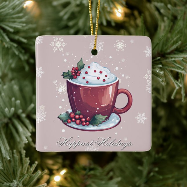 Christmas Cup of Hot Chocolate | Blush Pink Ceramic Ornament (Tree)