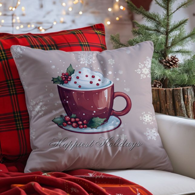 Christmas Cup of Hot Chocolate | Blush Pink Cushion (Pink Christmas Cup of Hot Chocolate Throw Pillow)