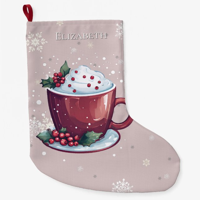 Christmas Cup of Hot Chocolate | Blush Pink Large Christmas Stocking (Front)