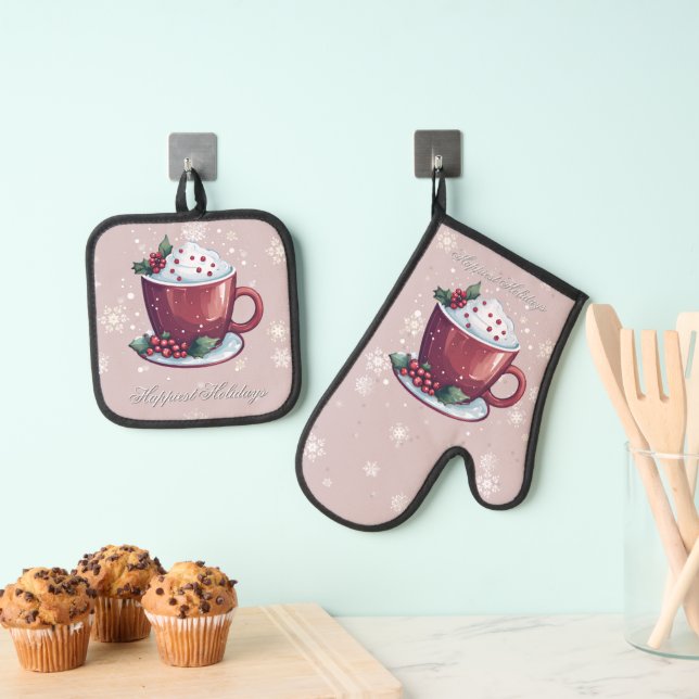 Christmas Cup of Hot Chocolate | Blush Pink Oven Mitt & Pot Holder Set (Insitu(Hanging))