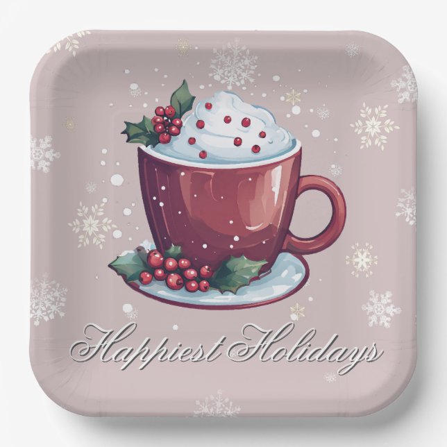 Christmas Cup of Hot Chocolate | Blush Pink Paper Plate (Front)