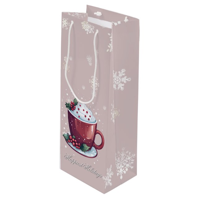 Christmas Cup of Hot Chocolate | Blush Pink Wine Gift Bag (Front Angled)