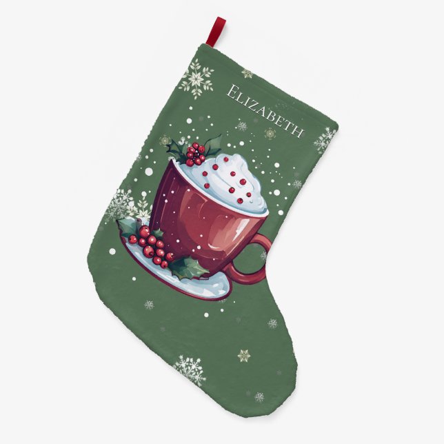 Christmas Cup of Hot Chocolate Green Personalised Large Christmas Stocking (Front (Hanging))
