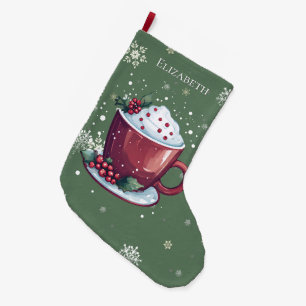 Christmas Cup of Hot Chocolate Green Personalized Large Christmas Stocking