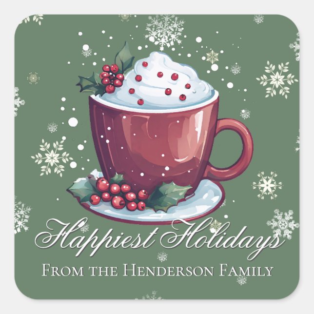 Christmas Cup of Hot Chocolate | Green Square Sticker (Front)