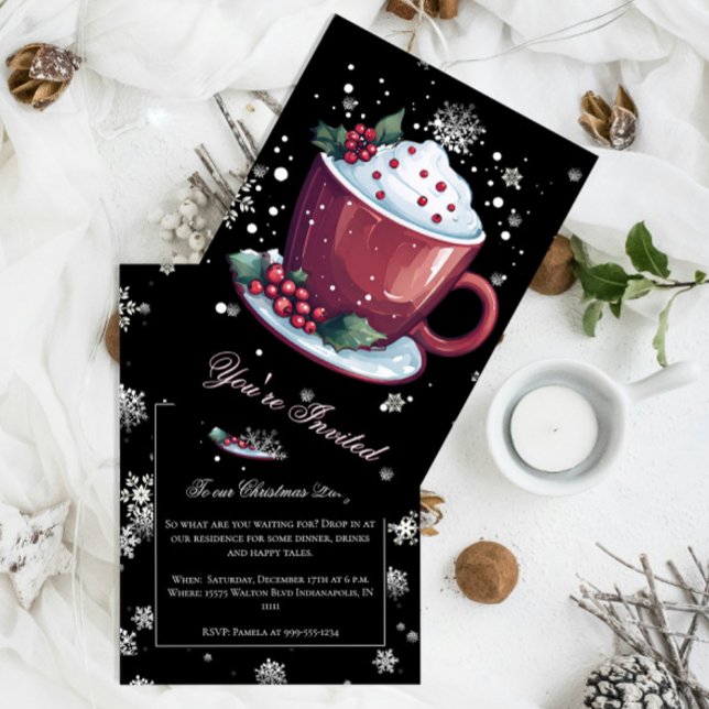 Christmas Cup of Hot Chocolate Holiday Party Black Invitation (Christmas cup of hot chocolate holiday party invitation)