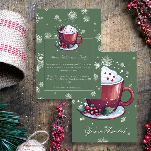 Christmas Cup of Hot Chocolate Holiday Party Green Invitation (Green Christmas Cup of Hot Chocolate Party Invitation)