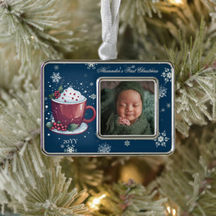 Christmas Cup of Hot Chocolate Photo Blue Silver Plated Framed Ornament