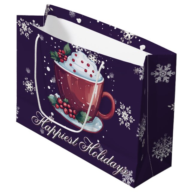 Christmas Cup of Hot Chocolate | Purple Large Gift Bag (Front Angled)