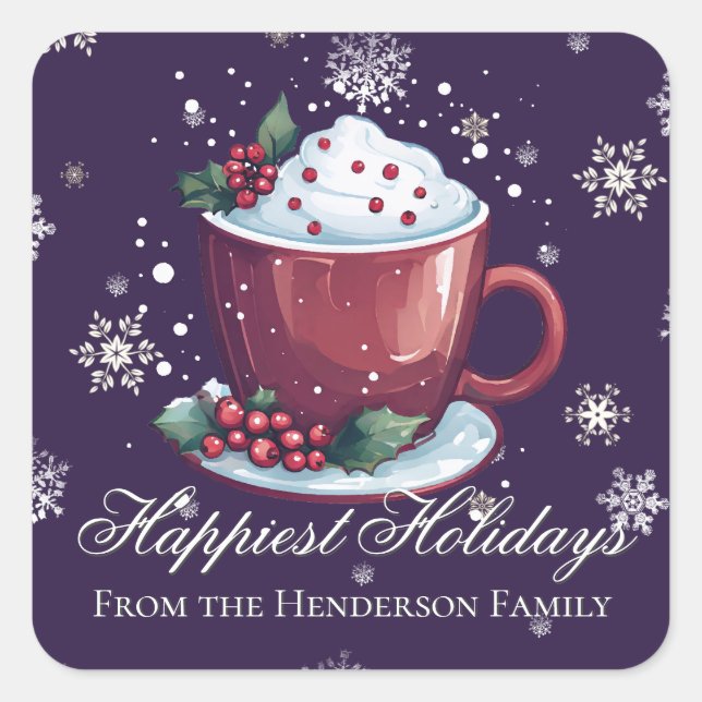 Christmas Cup of Hot Chocolate | Purple Square Sticker (Front)