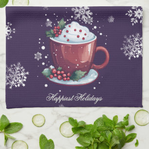 Christmas Cup of Hot Chocolate Purple Tea Towel