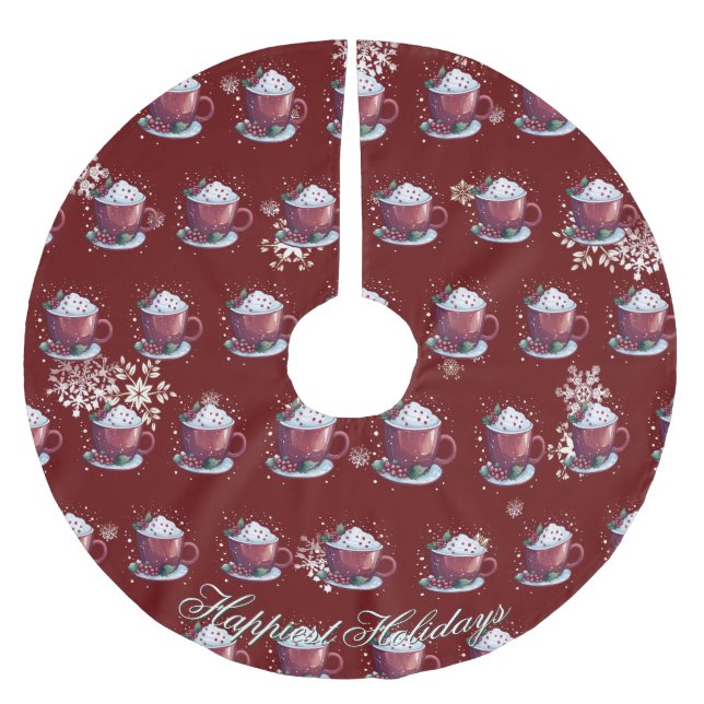 Christmas Cup of Hot Chocolate | Red Brushed Polyester Tree Skirt (Front)