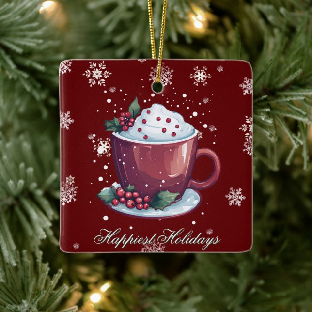 Christmas Cup of Hot Chocolate | Red Ceramic Ornament (Tree)