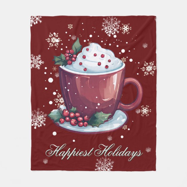 Christmas Cup of Hot Chocolate | Red Fleece Blanket (Front)