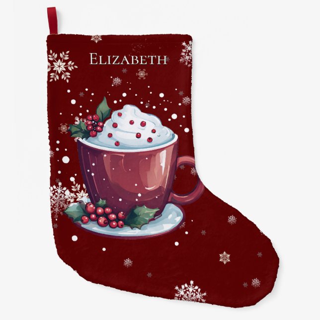 Christmas Cup of Hot Chocolate Red Personalised Large Christmas Stocking (Front)