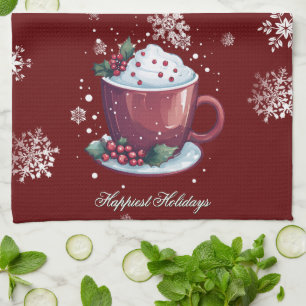 Christmas Cup of Hot Chocolate Red Tea Towel