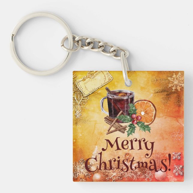 Christmas Cup Orange Holly Berry Cinnamon Greeting Key Ring (Front)