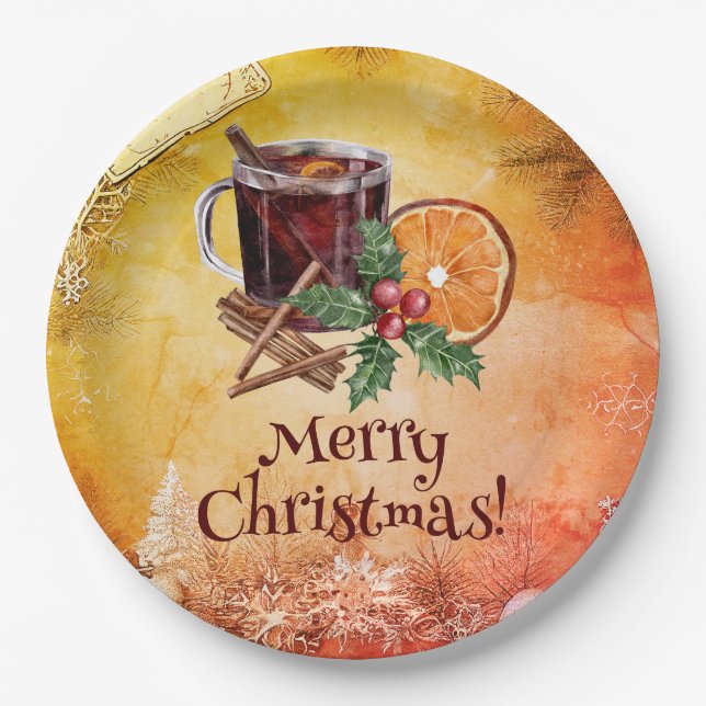 Christmas Cup Orange Holly Berry Cinnamon Greeting Paper Plate (Front)
