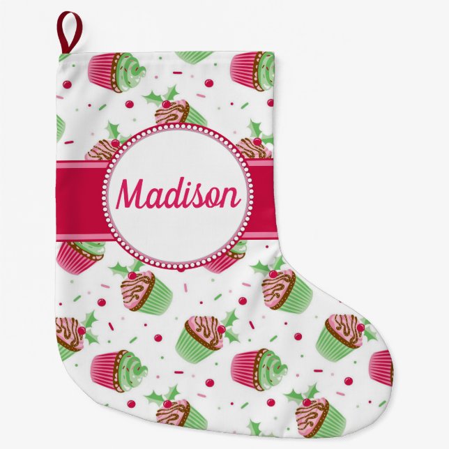 Christmas cupcake design in Christmas colours Large Christmas Stocking (Front)
