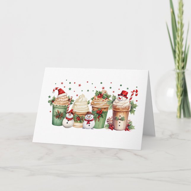 Christmas Cupcake Drinks Holiday Treats & Snowmen Card (Front)