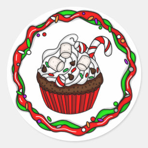 Christmas Cupcake with Candy Cane   Classic Round Sticker