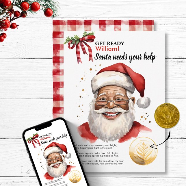 Christmas Custom Child Name Santa Magic Coin Wish  Holiday Card (Christmas eve Custom Child Name Santa Magic Coin Wish Holiday Card personalized gift north pole )