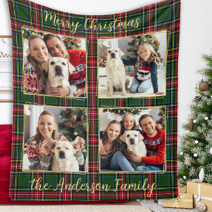 Christmas Custom Family 4 Picture Holiday Plaid  Fleece Blanket