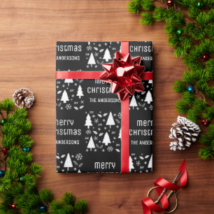 Christmas Custom Family Name Black and White Wrapping Paper