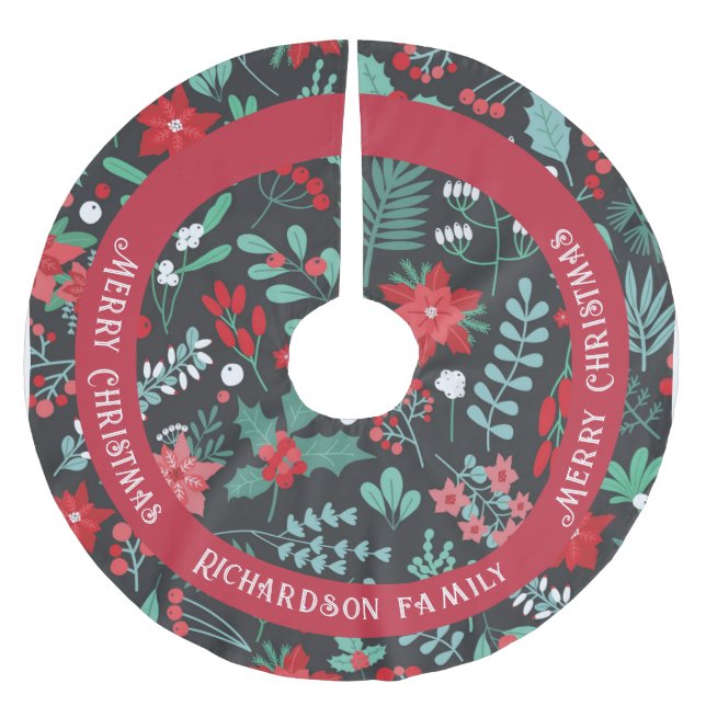 Christmas custom family name flower pattern brushed polyester tree skirt (Front)