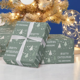Christmas Custom Family Name Sage Green Wrapping Paper