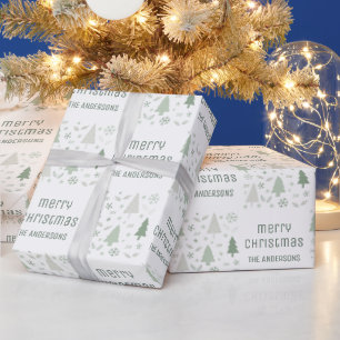 Christmas Custom Family Name Sage Green Wrapping Paper