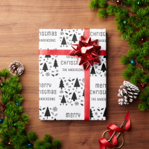 Christmas Custom Family Name White and Black Wrapping Paper