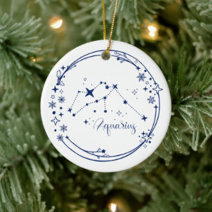 Christmas Custom Name Aquarius Zodiac Sign Blue Ceramic Tree Decoration