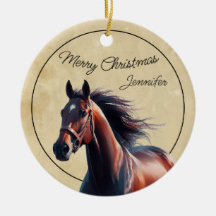 Christmas Custom Name & Date Brown Horse Ceramic Tree Decoration