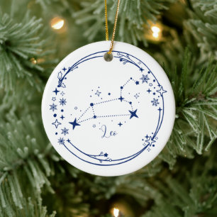 Christmas Custom Name Leo Zodiac Sign Blue Ceramic Tree Decoration