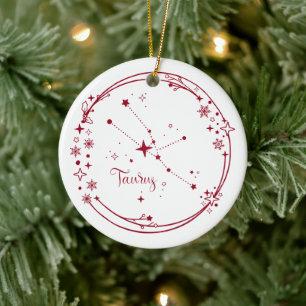 Christmas Custom Name Taurus Zodiac Sign Stars Red Ceramic Tree Decoration