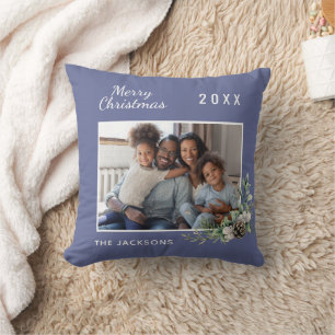Christmas custom photo blue cone pine name cushion