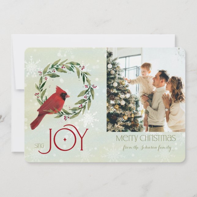 Christmas Custom Photo Cardinal in Wreath  Holiday Card (Front)