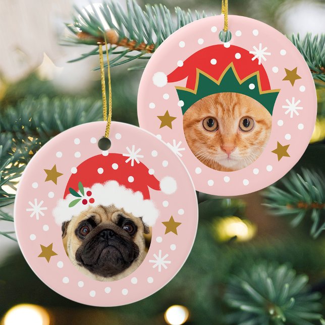 Christmas Custom Photo Cute Santa Elf Funny Pink Ceramic Tree Decoration (Creator Uploaded)
