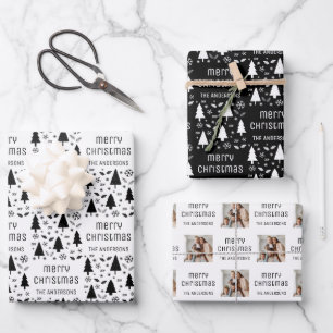 Christmas Custom Photo Family Name Black White Wrapping Paper Sheet