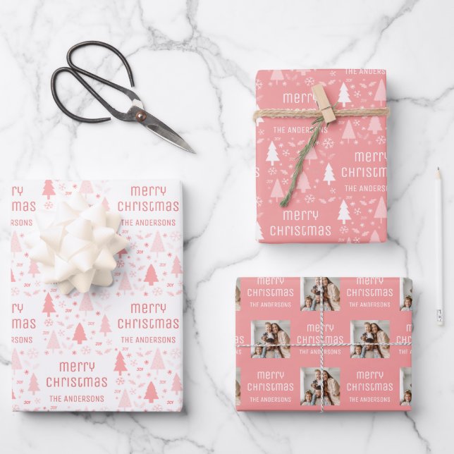 Christmas Custom Photo Family Name Blush Pink Wrapping Paper Sheet (Front)
