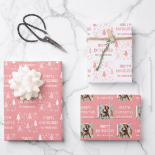 Christmas Custom Photo Family Name Pink Wrapping Paper Sheet