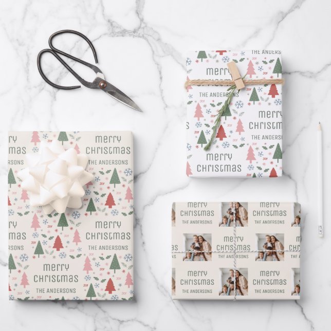 Christmas Custom Photo Family Name Wrapping Paper Sheet (Front)