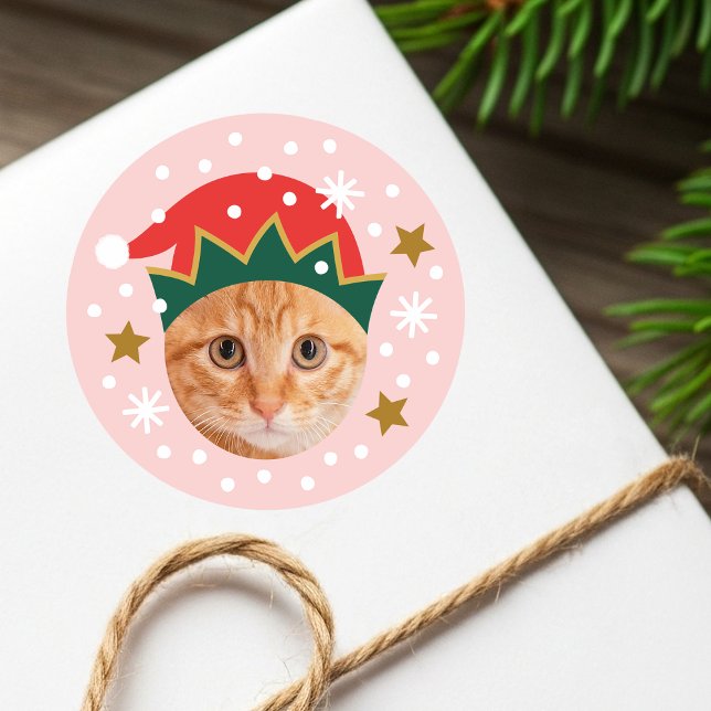 Christmas Custom Photo Festive Elf Hat Funny Pink Classic Round Sticker (Creator Uploaded)