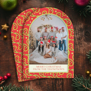 Christmas custom photo red paisley stars pattern holiday card