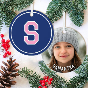 Christmas Custom Photo Retro Varsity Pink & Navy Metal Tree Decoration