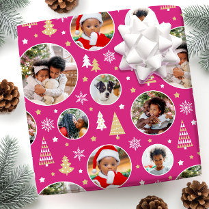 Christmas Custom Photo Trees & Snowflakes Pink Wrapping Paper
