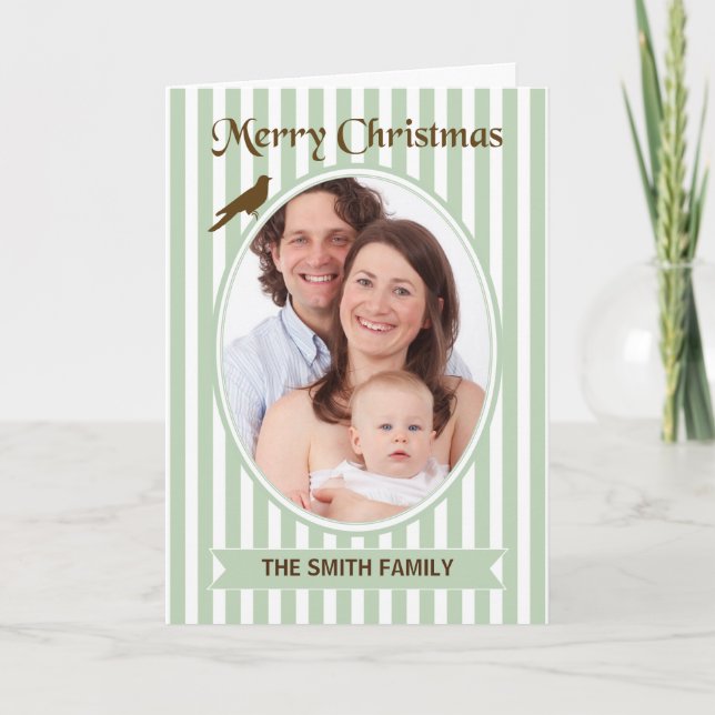 Christmas Custom Photo Vintage Green Stripes Card (Front)