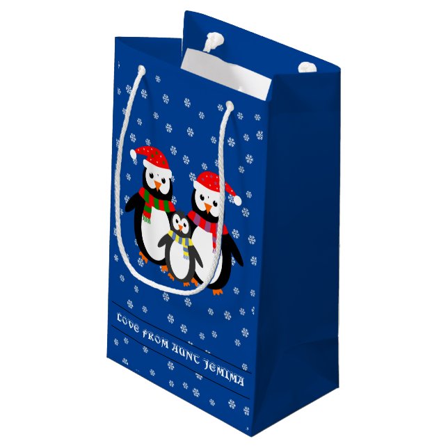 Christmas custom text penguins blue small gift bag (Back Angled)